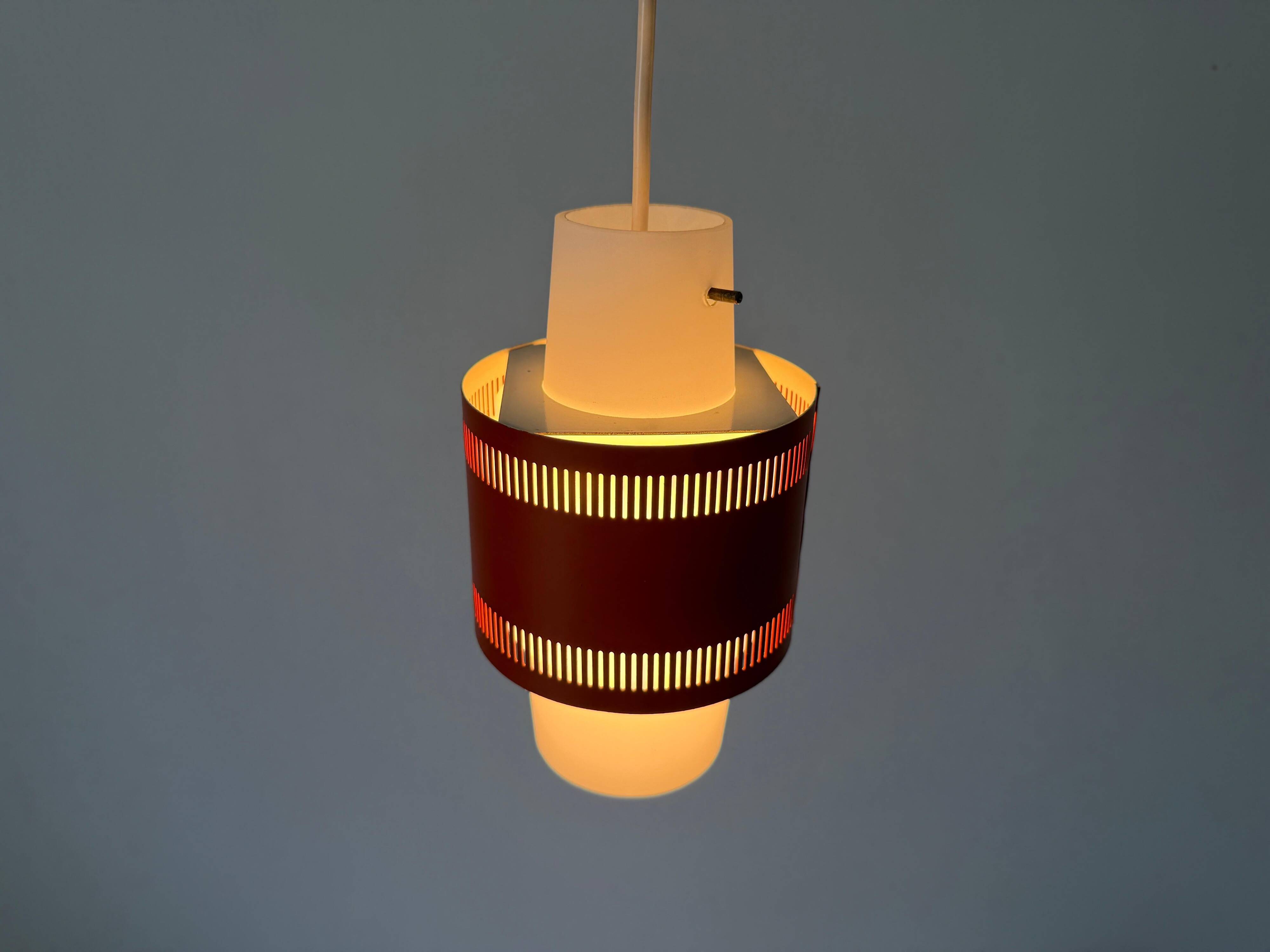 Glass ceiling light with an orange metal frame, 1960s, Germany.