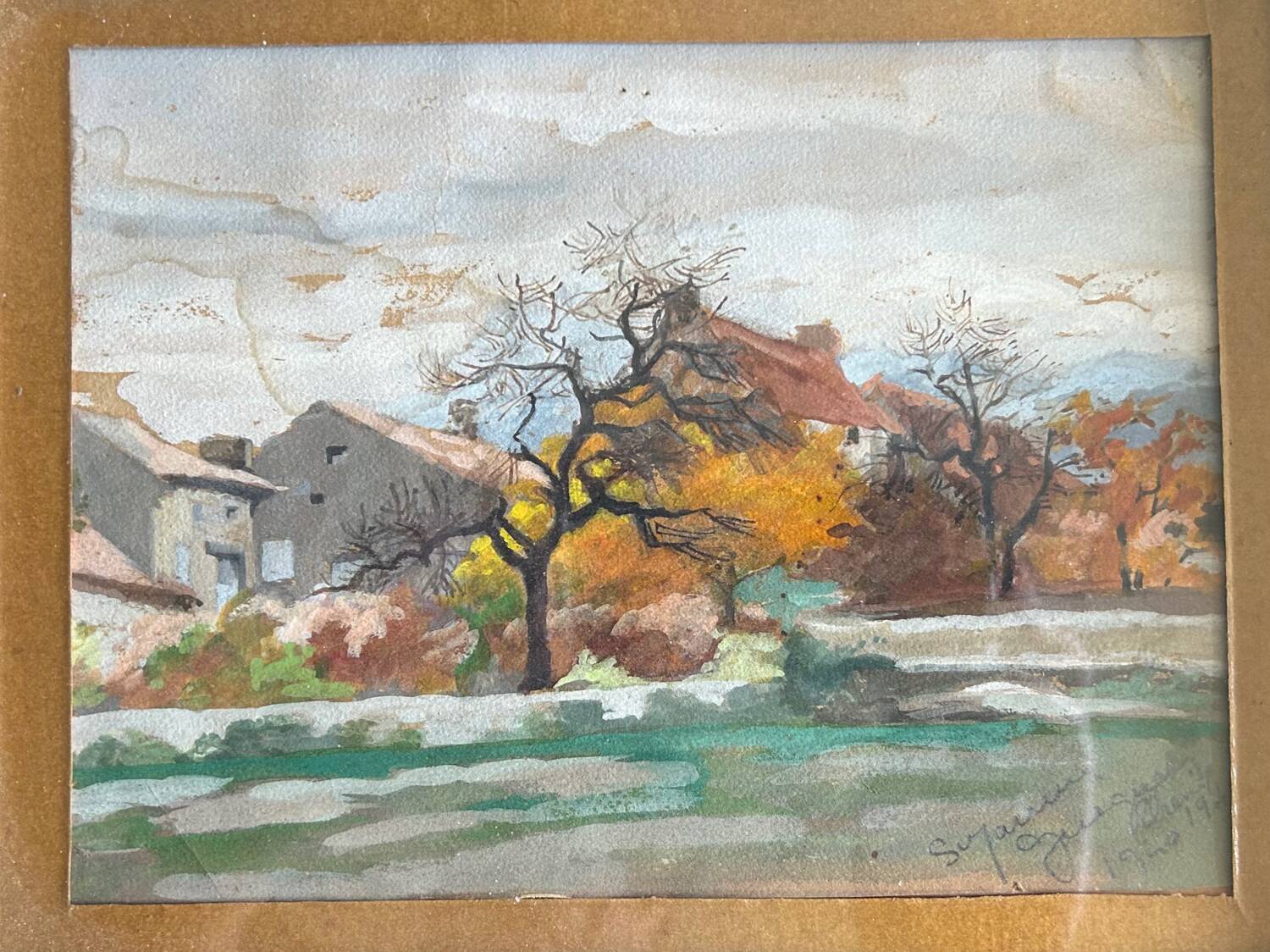 Oeuvre originale, Paysage d'automne, Gouache de Suzanne Gueguen, 1940