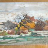 Oeuvre originale, Paysage d'automne, Gouache de Suzanne Gueguen, 1940