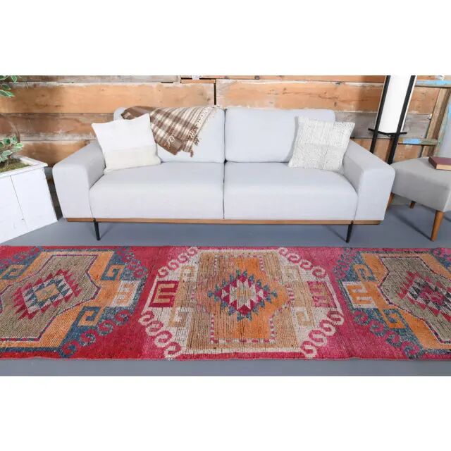 Vintage Turkish Hand-Knotted Wool Cotton Pink Runner Rug 94x358