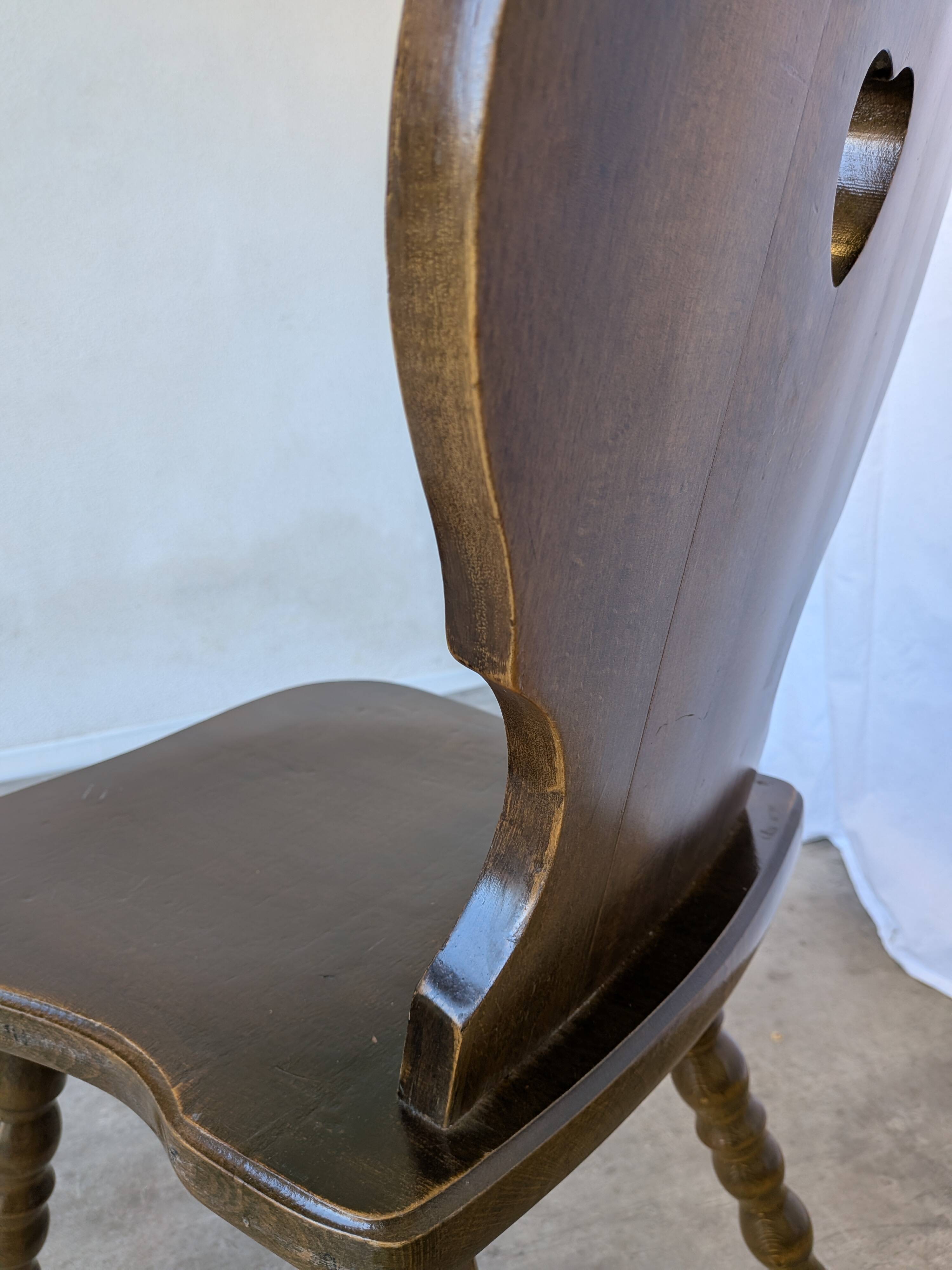 Vintage Tyrolean Heart Cutout Wooden Dining Chair / Bobbin-turned Legs