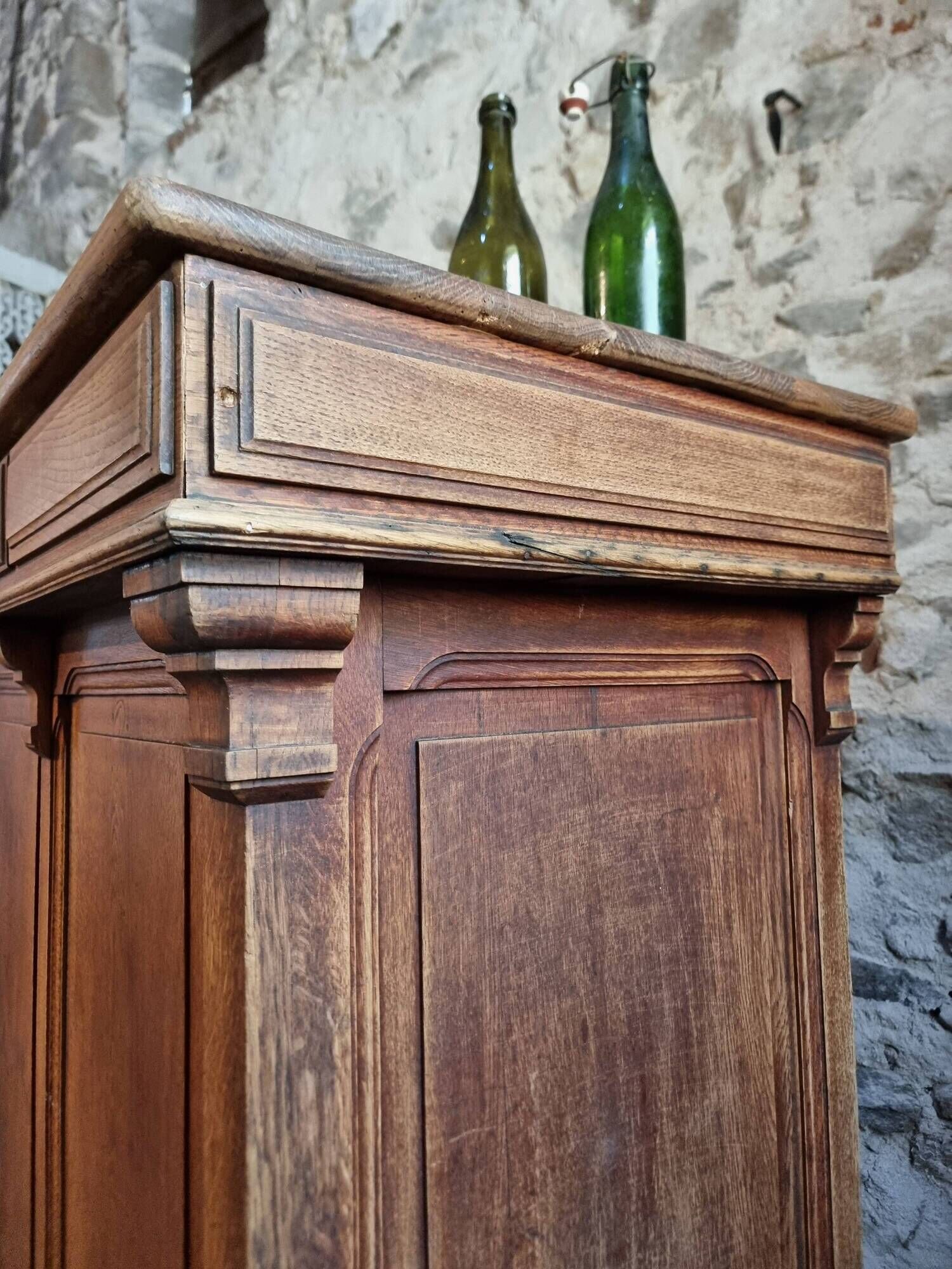 Antique French oak shop counter, kitchen island on wheels, circa 1880–1900.