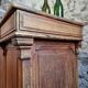 Antique French oak shop counter, kitchen island on wheels, circa 1880–1900.
