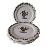 4 assiettes faïence décor vieux Rouen, panier fleuri bleu fait main
