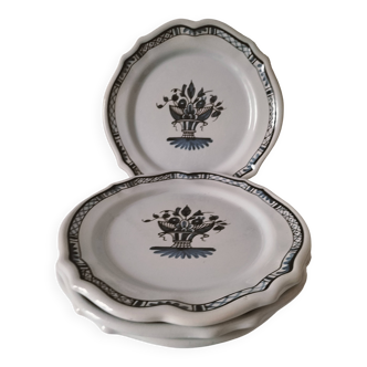 4 assiettes faïence décor vieux Rouen, panier fleuri bleu fait main