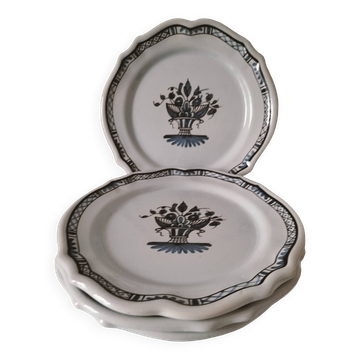 4 assiettes faïence décor vieux Rouen, panier fleuri bleu fait main