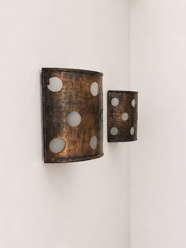 Pair of vintage wall sconces, hammered copper, France, 1970.