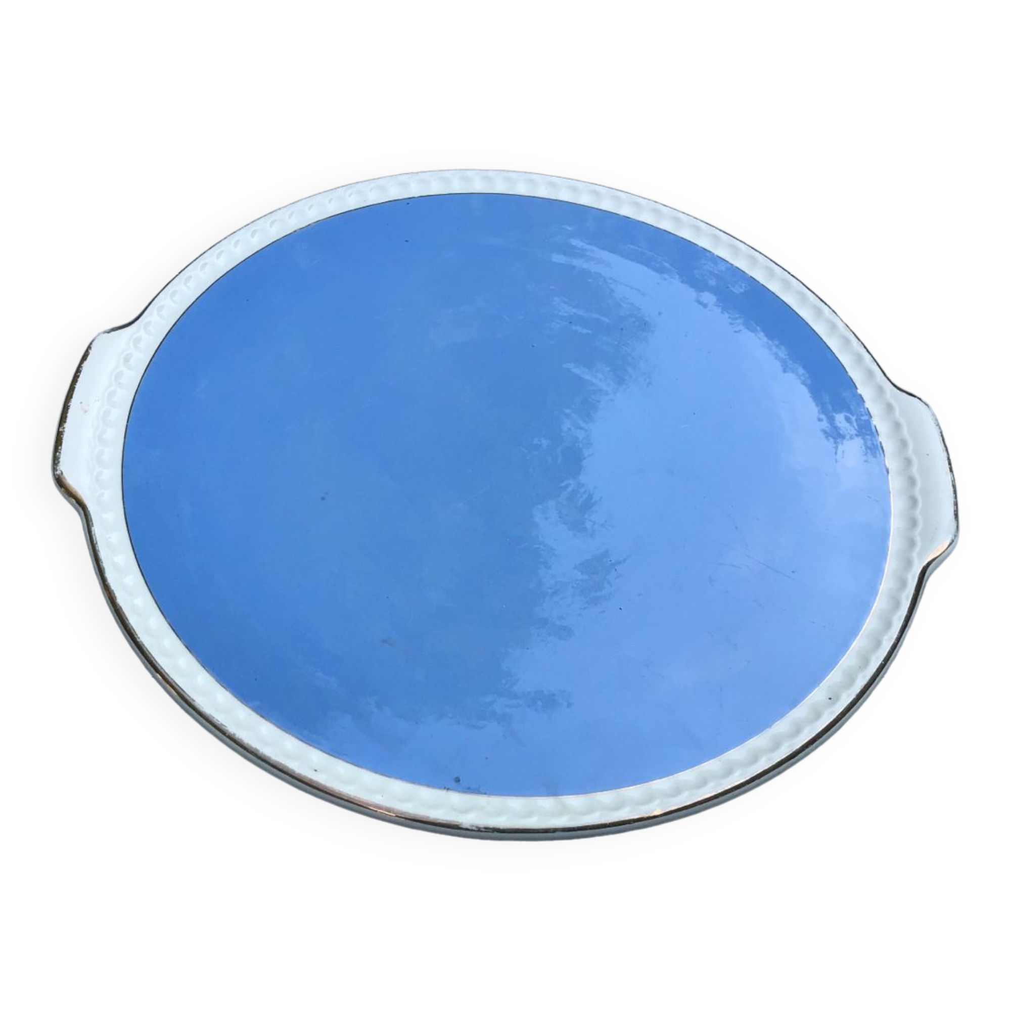 Large sky blue pie dish with gold edging