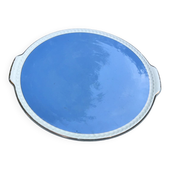 Large sky blue pie dish with gold edging