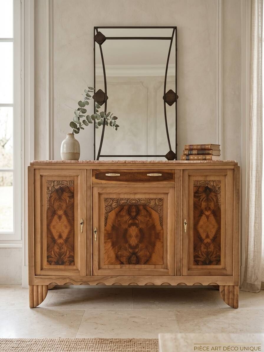 Art Deco Sideboard in Walnut Burl and Marble – 1930s