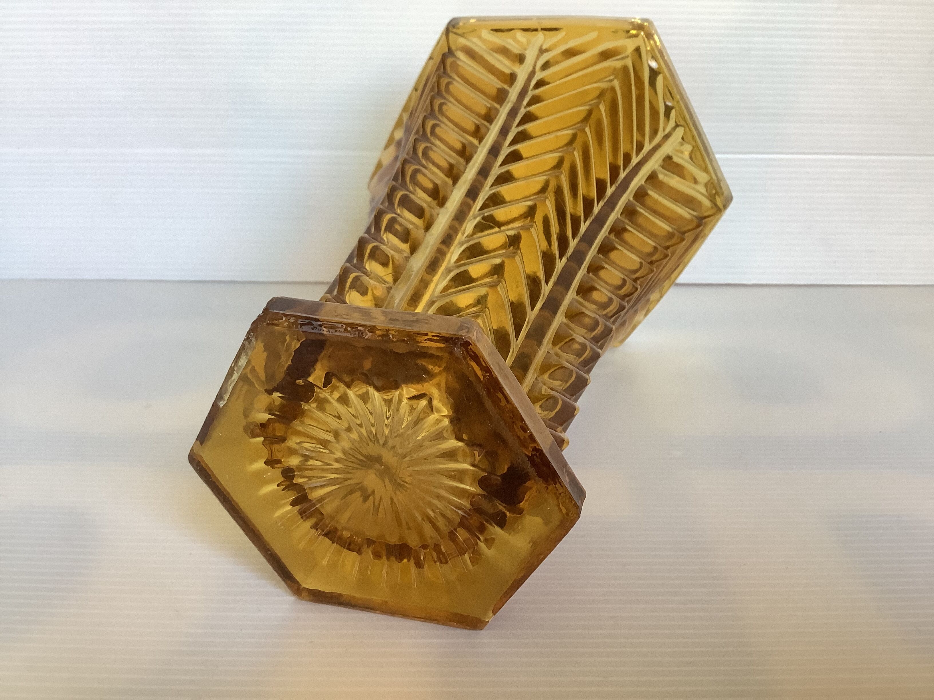 Old yellow molded glass vase chevron pattern