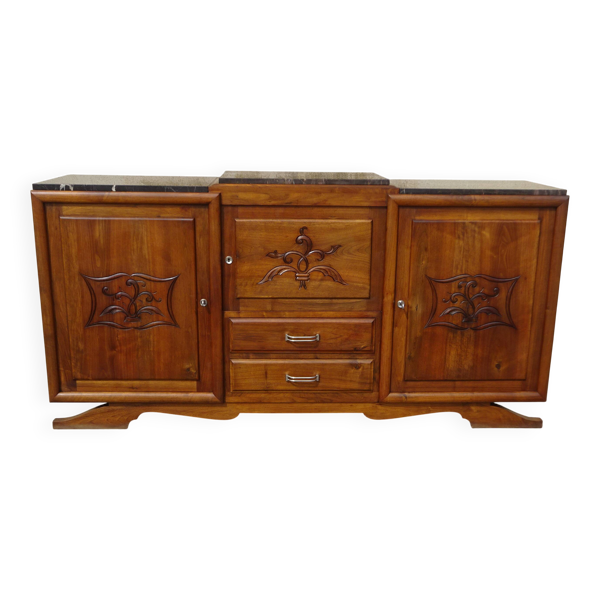 Large buffet en noyer massif, dessus en marbre noir