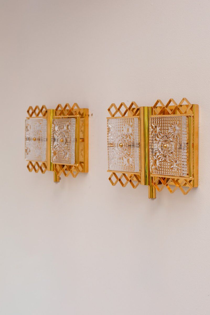 Appliques murales en verre et laiton par Carl Fagerlund pour Orrefors, Suède, années 1970, ensemble de 2.