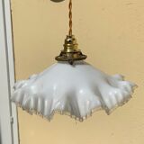 Vintage opaline glass pendant lamp pleated snowflake shape new golden threads and socket