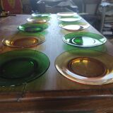 Set of 10 vintage Arcopal glass dessert plates green and orange