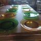 Set of 10 vintage Arcopal glass dessert plates green and orange