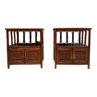 Pair of bamboo and cane wooden bedside tables