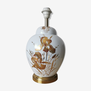 Pied de lampe doré porcelaine de Limoges à décor floral
