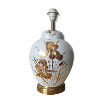 Pied de lampe doré porcelaine de Limoges à décor floral