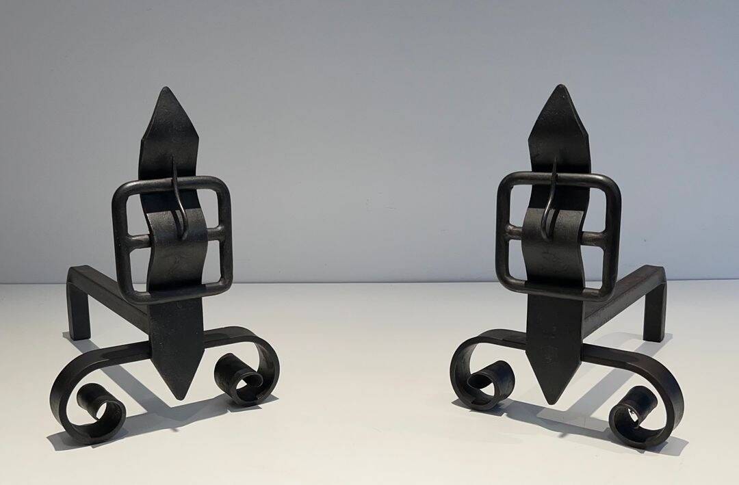 Pair of Wrought Iron Andirons with Obelisk and Belt Motifs