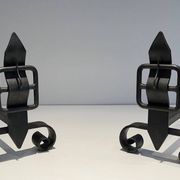 Pair of Wrought Iron Andirons with Obelisk and Belt Motifs