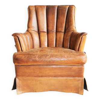 Fauteuil en cuir de mouton vintage, grande chaise fumeur en cuir de mouton marron, Grand fauteuil en cuir