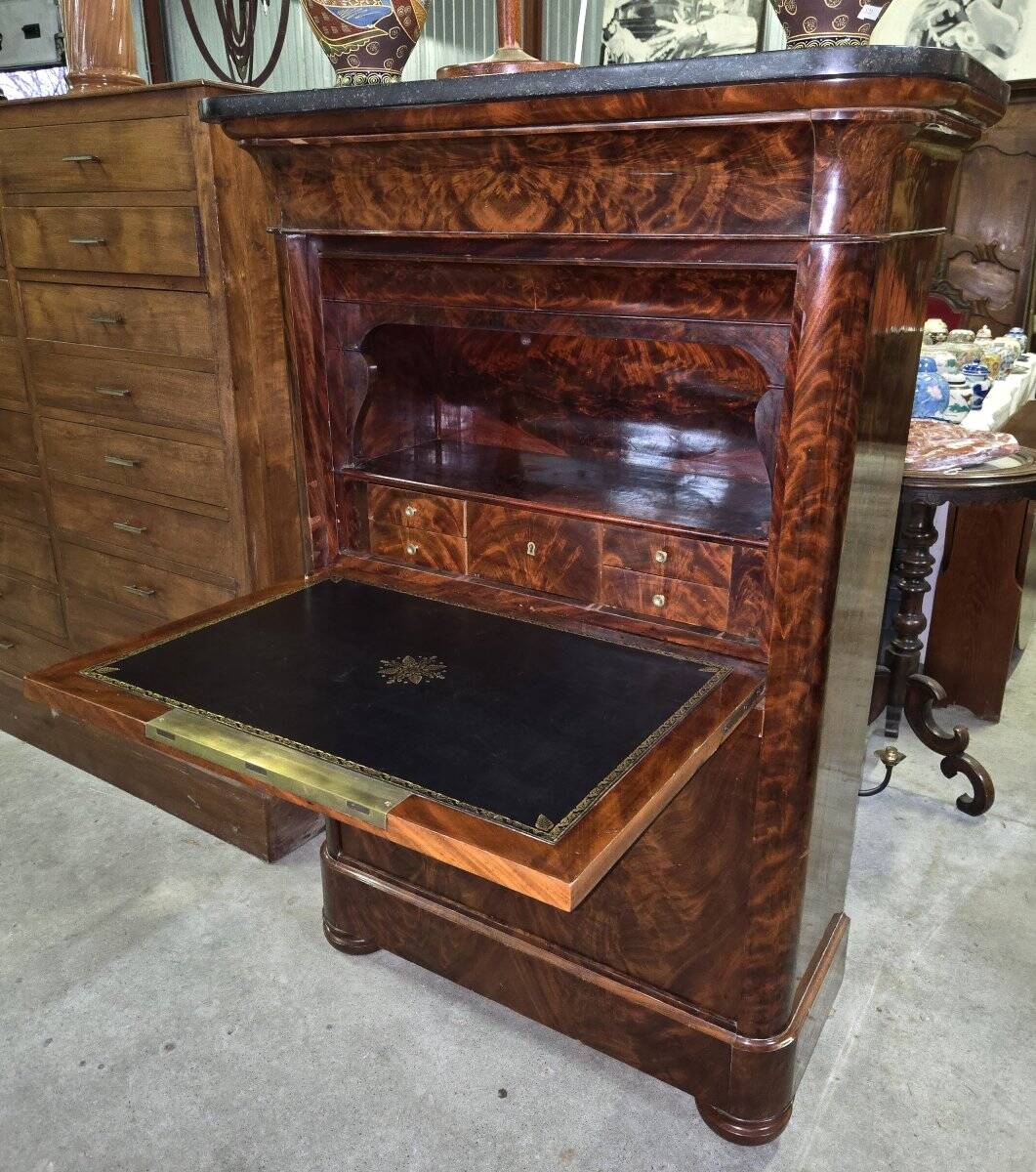 Flamed mahogany secretary from the Restoration period.