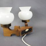 Czechoslovak wall lamp from the 1960s with Valasske Mezirici glass and a wooden base.
