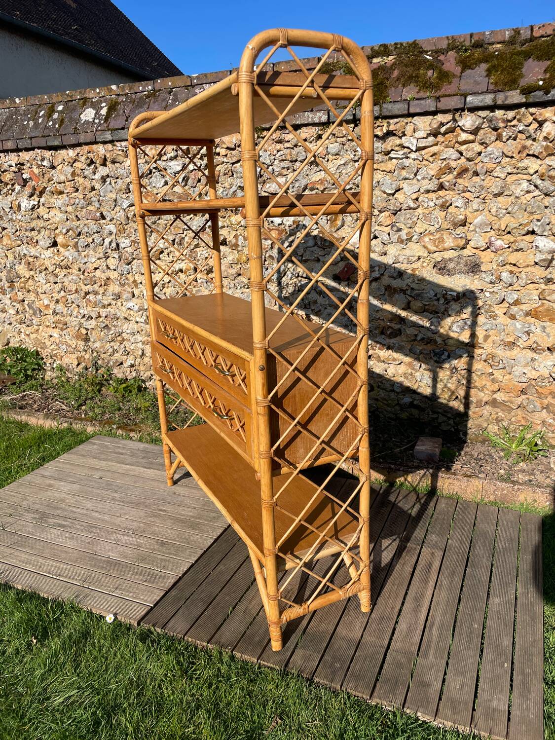 Vintage 1960s rattan and oak shelf by Louis Sognot
