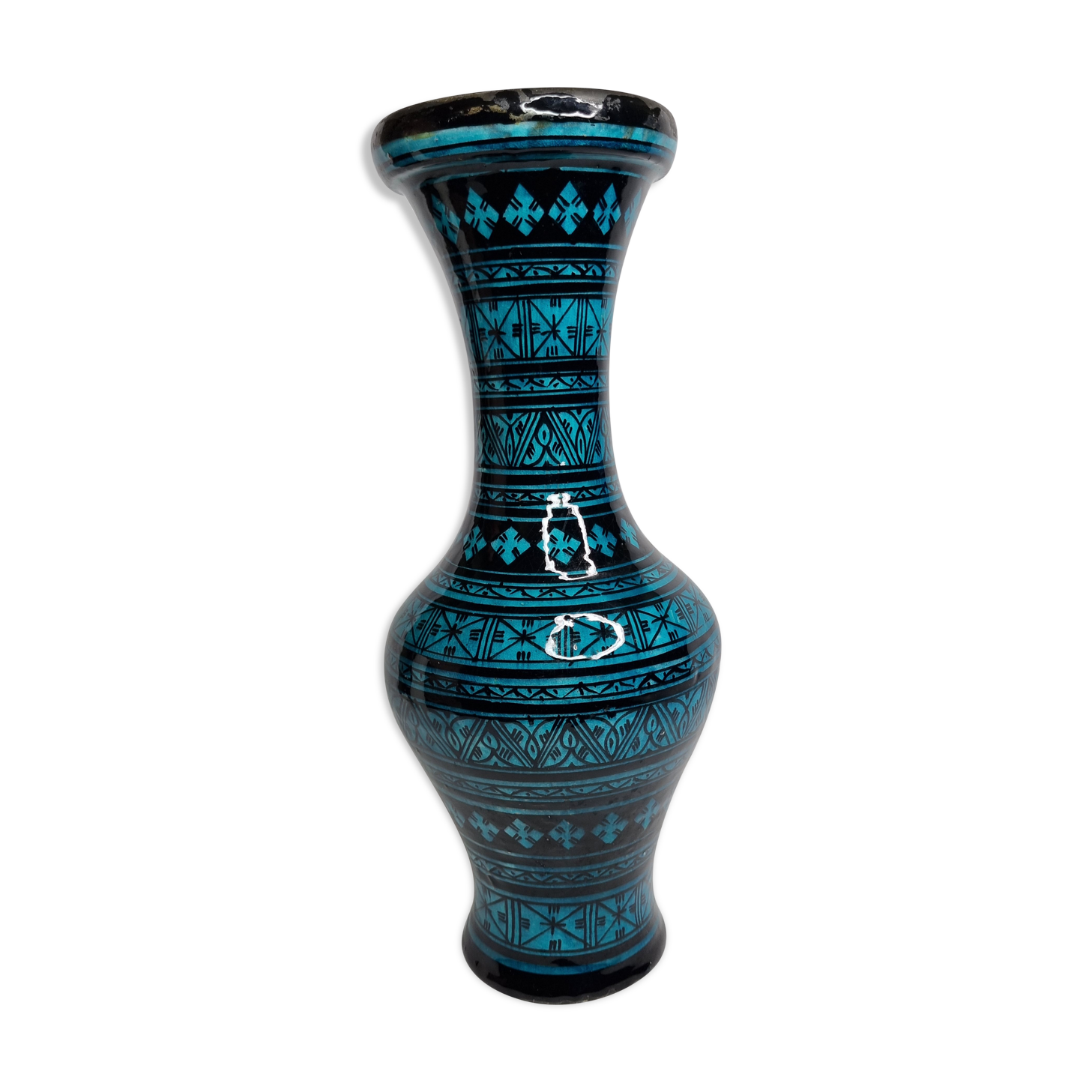 Moroccan turquoise and black ceramic vase, 40 cm