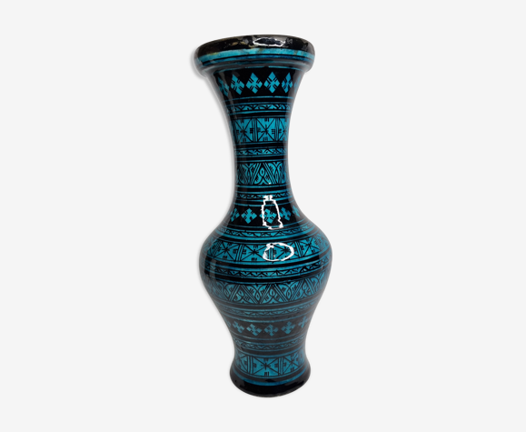Moroccan turquoise and black ceramic vase, 40 cm | Selency