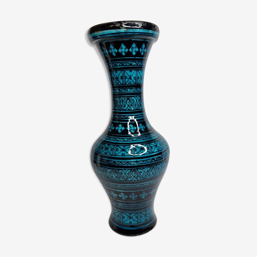 Vase marocain turquoise et noir en céramique, 40 cm | Selency