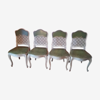 Suite de 4 chaises cannées Louis XV cuir vert