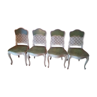 Suite de 4 chaises cannées Louis XV cuir vert