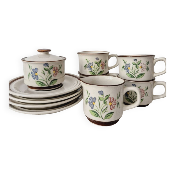 Service à thé/café en grès motif fleurs - Vintage