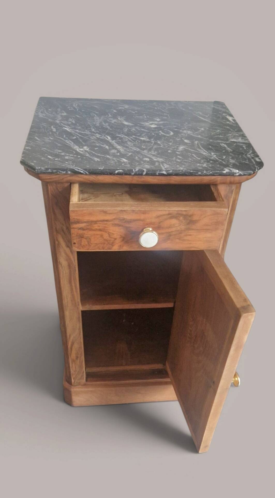 Walnut bedside table with a black marble top – late 19th century.