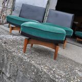 Mid-Century Danish Set 1960s — 3-seater sofa, 2 armchairs and ottoman, turquoise fabric and wood, black backs.