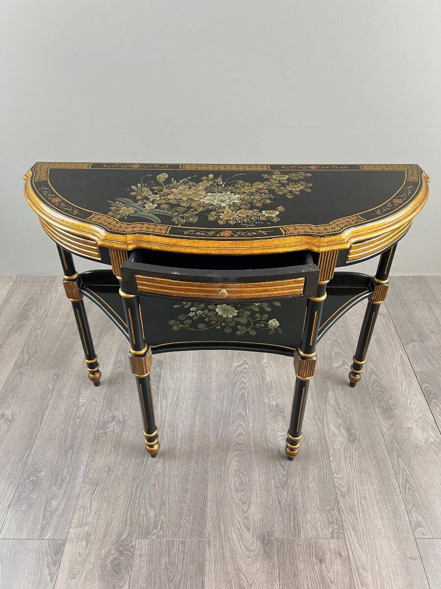 Console Demi-Lune Peinte et Dorée, Style Louis XVI, XXe Siècle