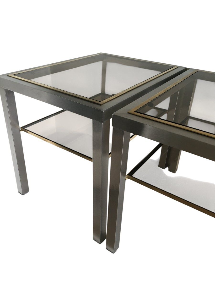 Pair of Brushed Steel Side Tables, Smoked Glass by Guy Lefèvre