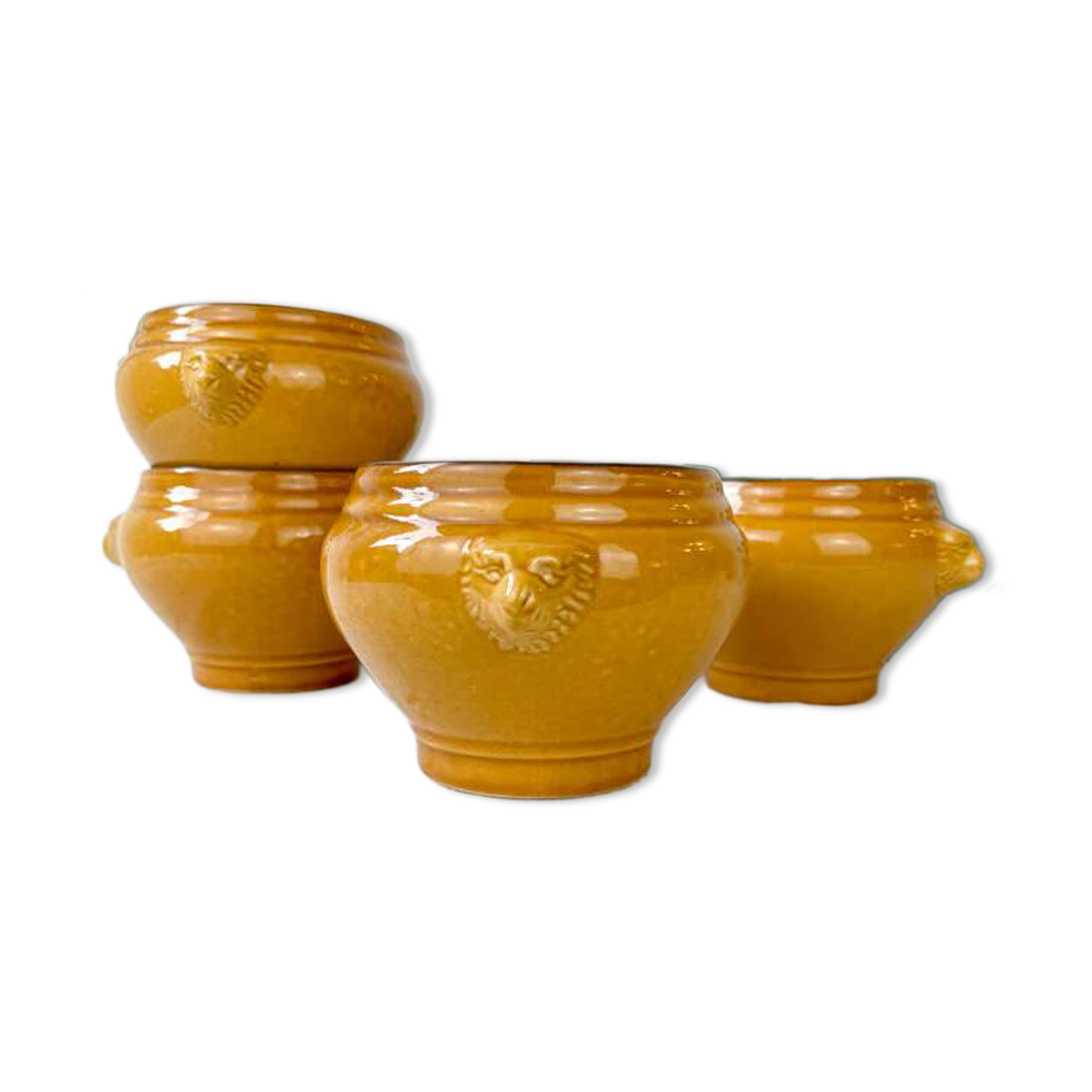 4 lion's head onion soup bowls in vintage ceramic - honey and black, made in France.
