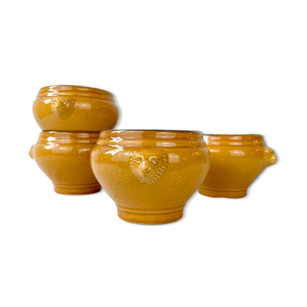 4 bols à soupe à l'oignon tête de lion en céramique vintage - miel et noir, made in France