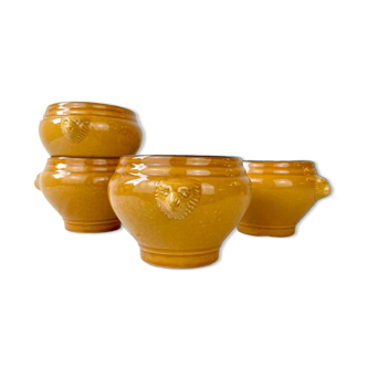 4 lion's head onion soup bowls in vintage ceramic - honey and black, made in France.