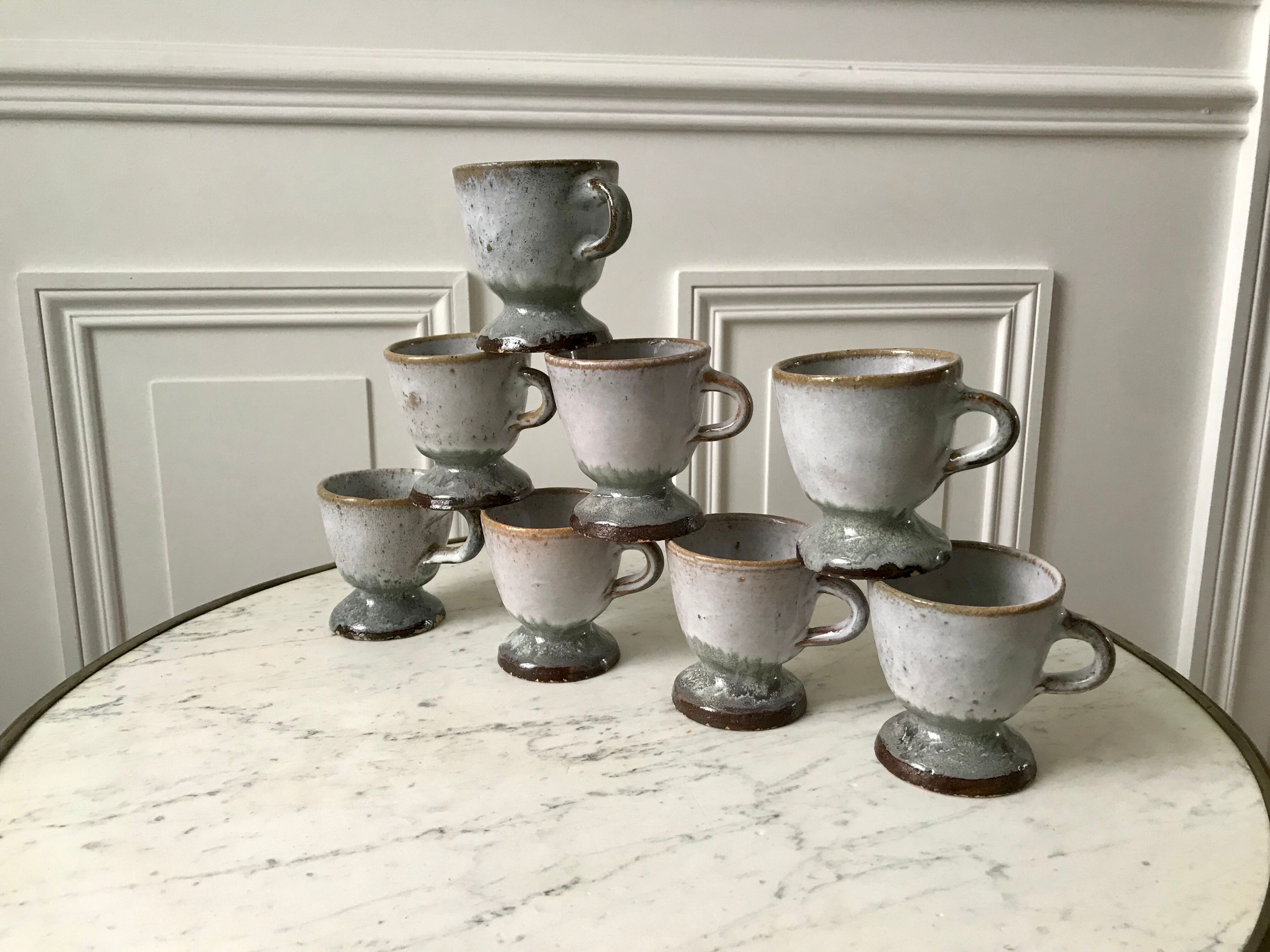 Set of 8 coffee cups, stoneware mazagrans handcrafted signed 70s