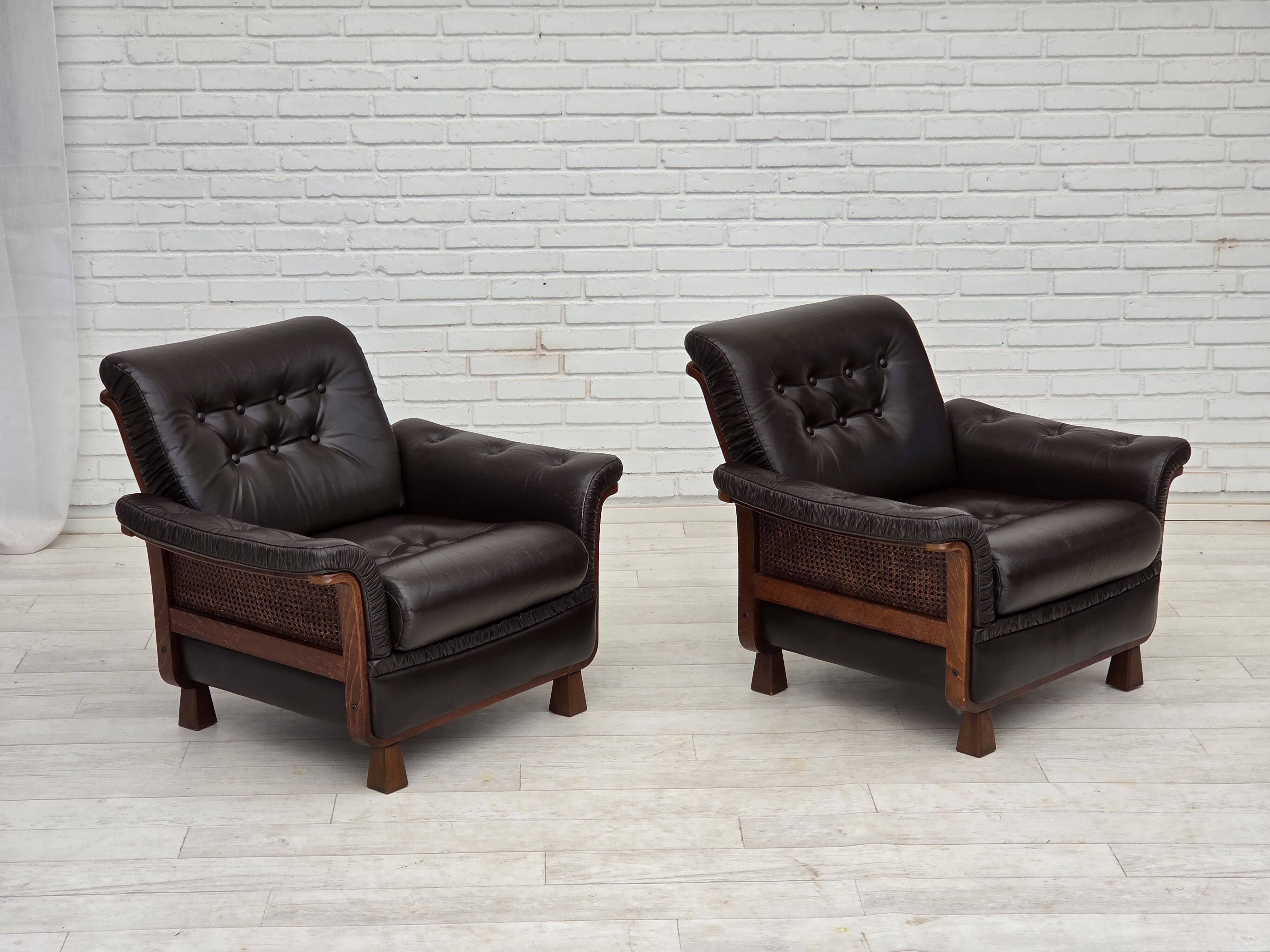 1970s, Scandinavian armchair, brown furniture leather, teak wood legs.