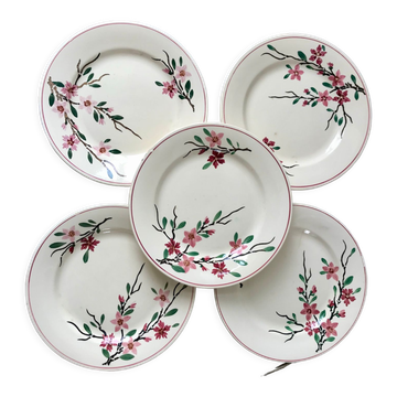 5 assiettes plates Digoin Sarreguemines modèle Aigues-Vives peintes à la main années 30-40