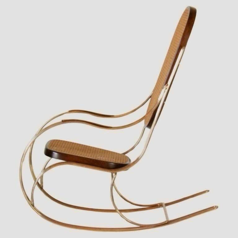 1970s Thonet-Style Rocking Chair, Brass & Wicker