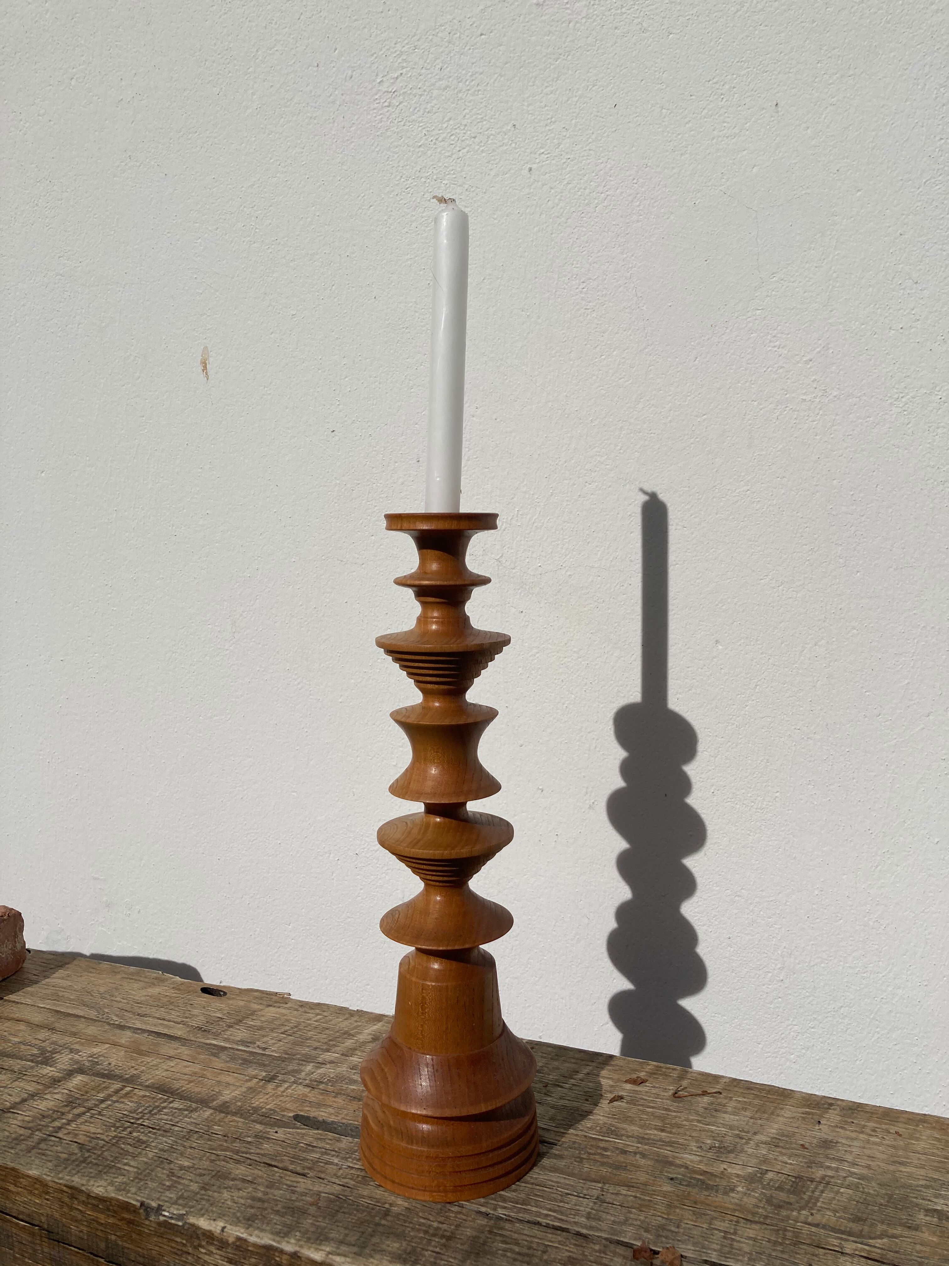 Large vintage Scandinavian turned wooden candle holder