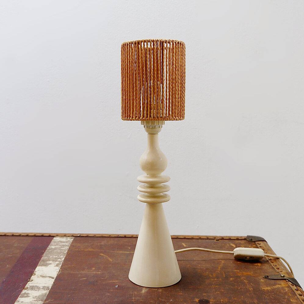 Vintage ceramic table lamp in sand color with a new rope lampshade
