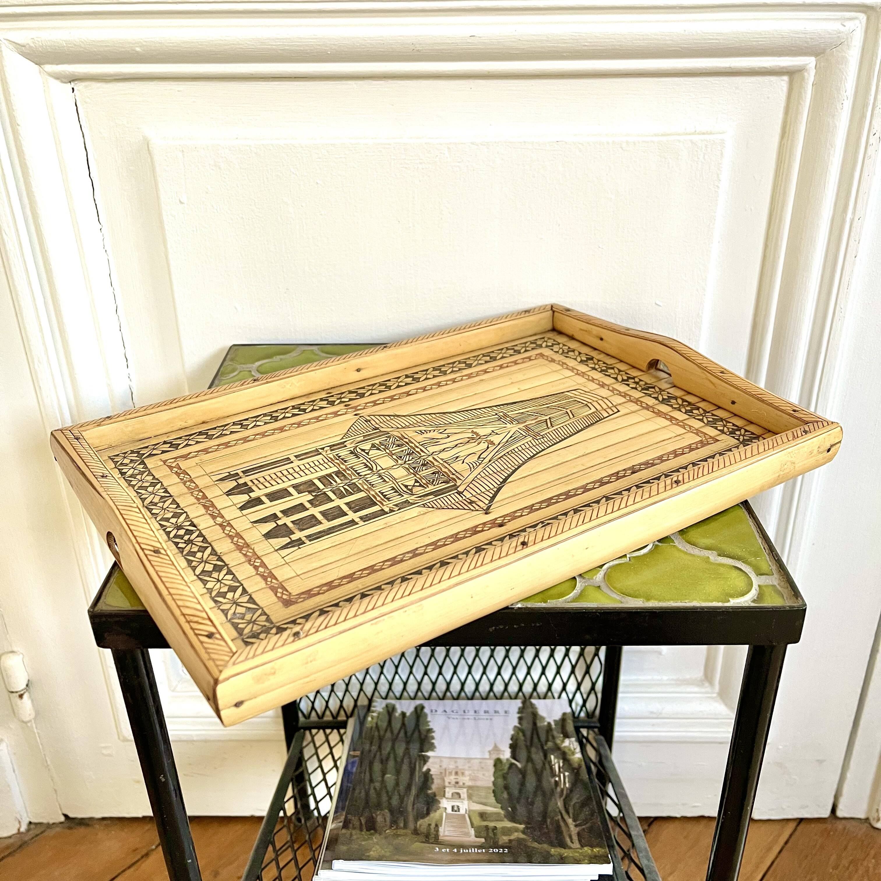 Engraved bamboo rattan tray
