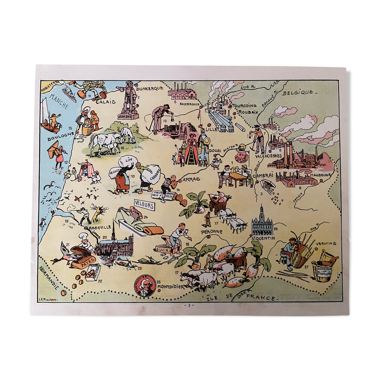 Old illustrated map of Flanders Artois Picardy 1948 - JP Pinchon